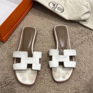 Hermes White Slide Sandals leather -
